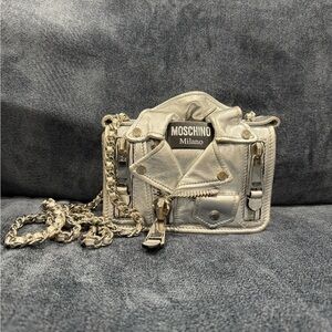 Moschino Metallic Silver Leather Moto Jacket Bag